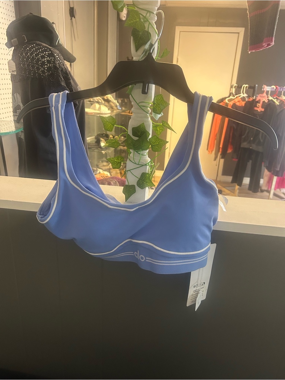 ALO Yoga Periwinkle Sports Bra with White Piping